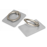 A silver phone grip with a metallic loop design, featuring a rectangular base for stability.