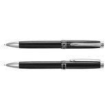 A black metal ballpoint pen with silver accents, featuring a branded clip and smooth writing action.