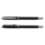 A sleek black metal rollerball pen with chrome accents, featuring a branded clip and a smooth finish.