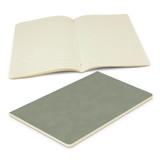 A green Elantra Notebook with lined pages, opened to show the interior, featuring a smooth cover and stitching.