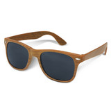 Malibu Premium Sunglasses in a wooden finish with dark lenses. Includes branding on the frame.