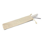 A set of stainless steel drinking straws in a natural coloured fabric pouch, featuring a cleaning brush and a logo.