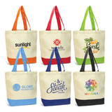 A collection of canvas tote bags in various colours, featuring different logos and designs.
