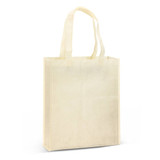 A natural beige tote bag with two sturdy handles and a simple design. It features branding on one side.