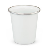 A white enamel tumbler with a stainless steel rim, suitable for various beverages.