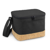 A square black cooler bag with a cork bottom and a zip closure, featuring a shoulder strap.