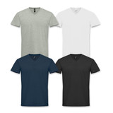 Four SOLS Imperial Men's V Neck T-Shirts in light grey, white, dark teal, and black, each featuring a logo.
