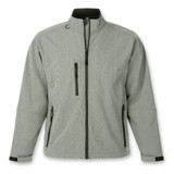 A softshell jacket in grey, featuring zippered pockets and a collar, with a contrasting dark green interior.