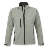 A green softshell jacket with a collar and multiple zippers, featuring black accents and a logo.