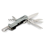 A silver multi-tool featuring various tools including blades, scissors, and a corkscrew, with a branded logo.