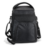 A black Cooler Backpack with a zippered top, side mesh pockets, and an adjustable strap. Includes a branding logo.