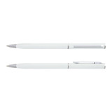 A metal pen in white with silver accents, featuring a sleek design and a clip. It has a branding logo.