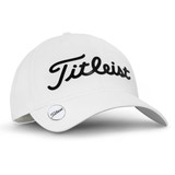A white cap featuring a branded logo and a curved peak, designed for golf enthusiasts.