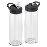 A drink bottle in clear plastic with a black lid and straw. Features a logo on the side.