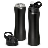 A drink bottle in matte black, featuring a twist-off lid and a sports cap with a straw. Includes an additional lid.