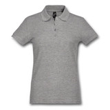 A grey women's polo shirt featuring a collared neckline and buttoned placket. It includes a logo on the chest area.