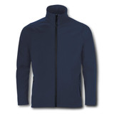 A men's softshell jacket in navy blue, featuring a high collar and zippered pockets, along with a branded logo.