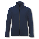 A women's softshell jacket in navy blue with a zip front and pockets, featuring a logo on the chest.