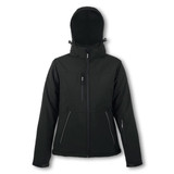 A black women's softshell jacket with a hood, featuring multiple zip pockets and a fitted design.