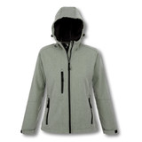 A women's softshell jacket in a light grey colour with a hood and multiple zippered pockets.