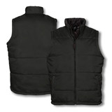 A dark green unisex vest with a padded design, featuring a high collar and zip front. Includes branding.