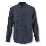 A men's button-up shirt in dark denim with a chest pocket and long sleeves. Includes a logo.