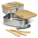 A stainless steel lunch box with a bamboo lid and cutlery, featuring a green strap. Contains wooden spoons and fork.