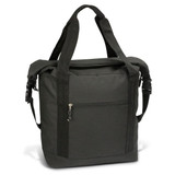 A roll top cooler bag in dark grey, featuring sturdy handles and a zippered front pocket. It includes a logo.