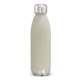 A drink bottle in a natural beige colour with a metallic silver cap and base, featuring a logo.