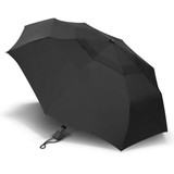 A black metropolitan umbrella with a compact design and a strap for easy carrying. It features a logo.
