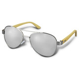 Aviator-style sunglasses with mirrored lenses and bamboo arms, featuring a sleek silver frame.