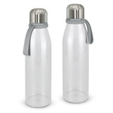 A drink bottle with a transparent body, stainless steel top, and a grey silicone strap. It features a logo on the cap.