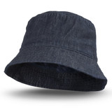 A denim bucket hat in dark blue with a wide brim and inner lining. It features a logo on the side.