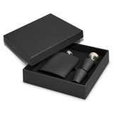 A black hip flask gift set in a sleek box, featuring a flask and two stainless steel pour tops.