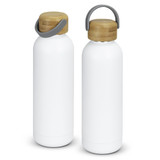 A drink bottle with a white body and a bamboo lid, featuring a grey handle and a branding logo.