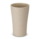 A plastic tumbler in a natural beige colour with a simple, smooth design and a logo.