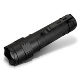 A black torch with a textured grip and a clip on the side, designed for portability and ease of use.