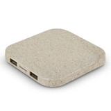 A square wireless charger with a speckled beige surface and two ports on the side, featuring a logo.