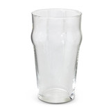 A clear, tall beer glass featuring a smooth design and a slight curve at the top.