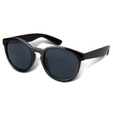 Black sunglasses with dark lenses and a round frame. The sunglasses feature a branded logo on the side.
