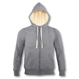A grey unisex zipped sweatshirt with a cream-coloured hood lining and drawstrings, featuring a front pocket and branding.