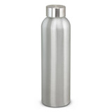 A drink bottle in a sleek, silver aluminium design with a rounded body and a secure screw-top lid.