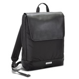 A sleek black backpack with a flap closure, featuring padded back straps and a brand logo on the front.