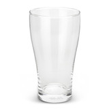 A clear glass beer glass with a tapered shape and a sturdy base, featuring a logo on the side.