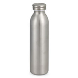 A drink bottle with a sleek stainless steel finish, featuring a simple design and a metallic cap.