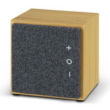 A bamboo Bluetooth speaker with a grey felt front, featuring simple volume controls and a modern cube design.