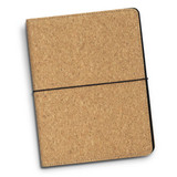 A cork portfolio in a natural brown tone with a black elastic band. It features a sleek, minimalist design.