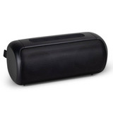 A black Bluetooth speaker with textured surface and control buttons on top, featuring a branding logo.