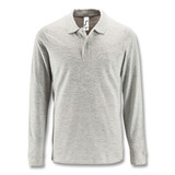 A long sleeve polo shirt in a light grey colour, featuring a collared neck and a logo on the label.