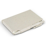 A natural-coloured pocket notebook with a textured finish and a pen attached, featuring a logo.